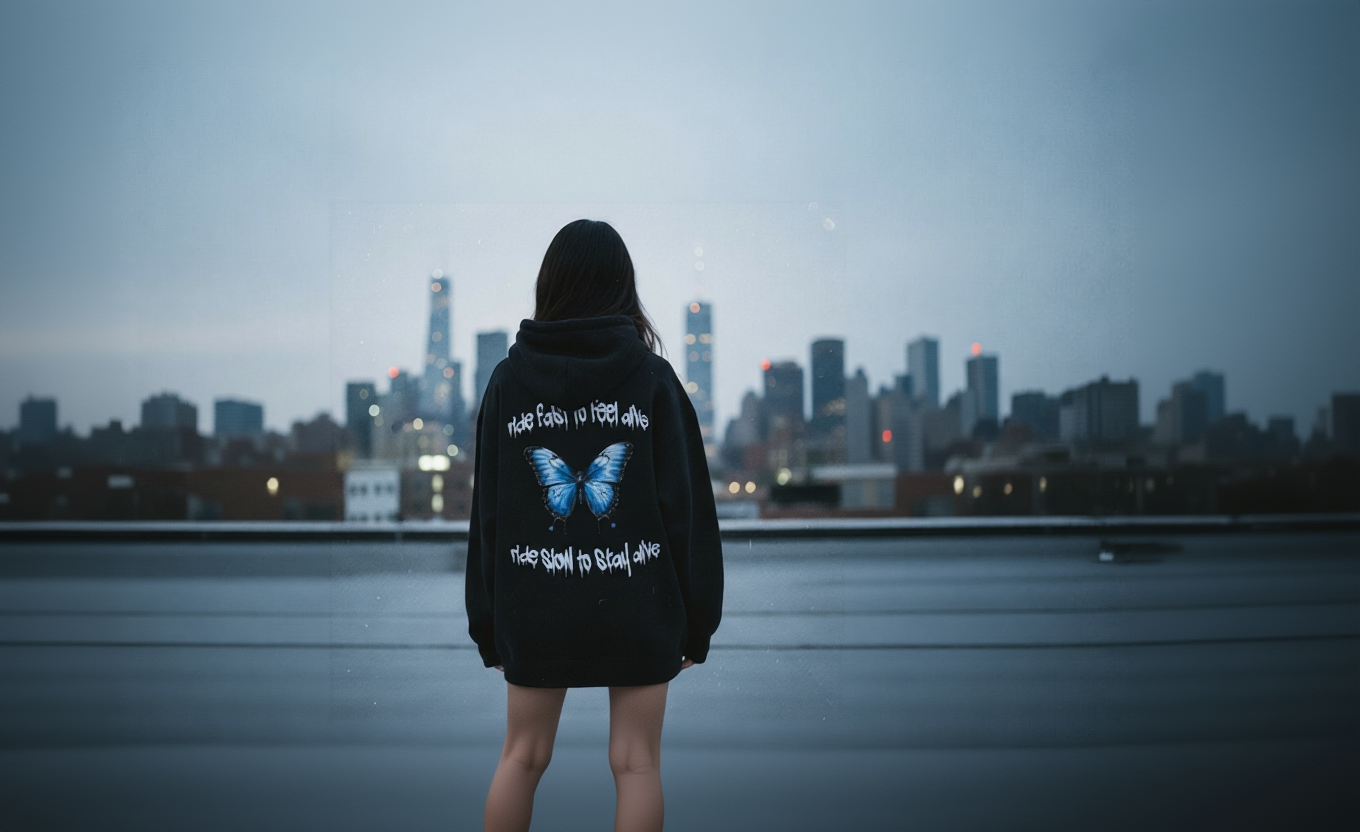 Person wearing a black hoodie with a blue butterfly design and text, standing in front of a city skyline.